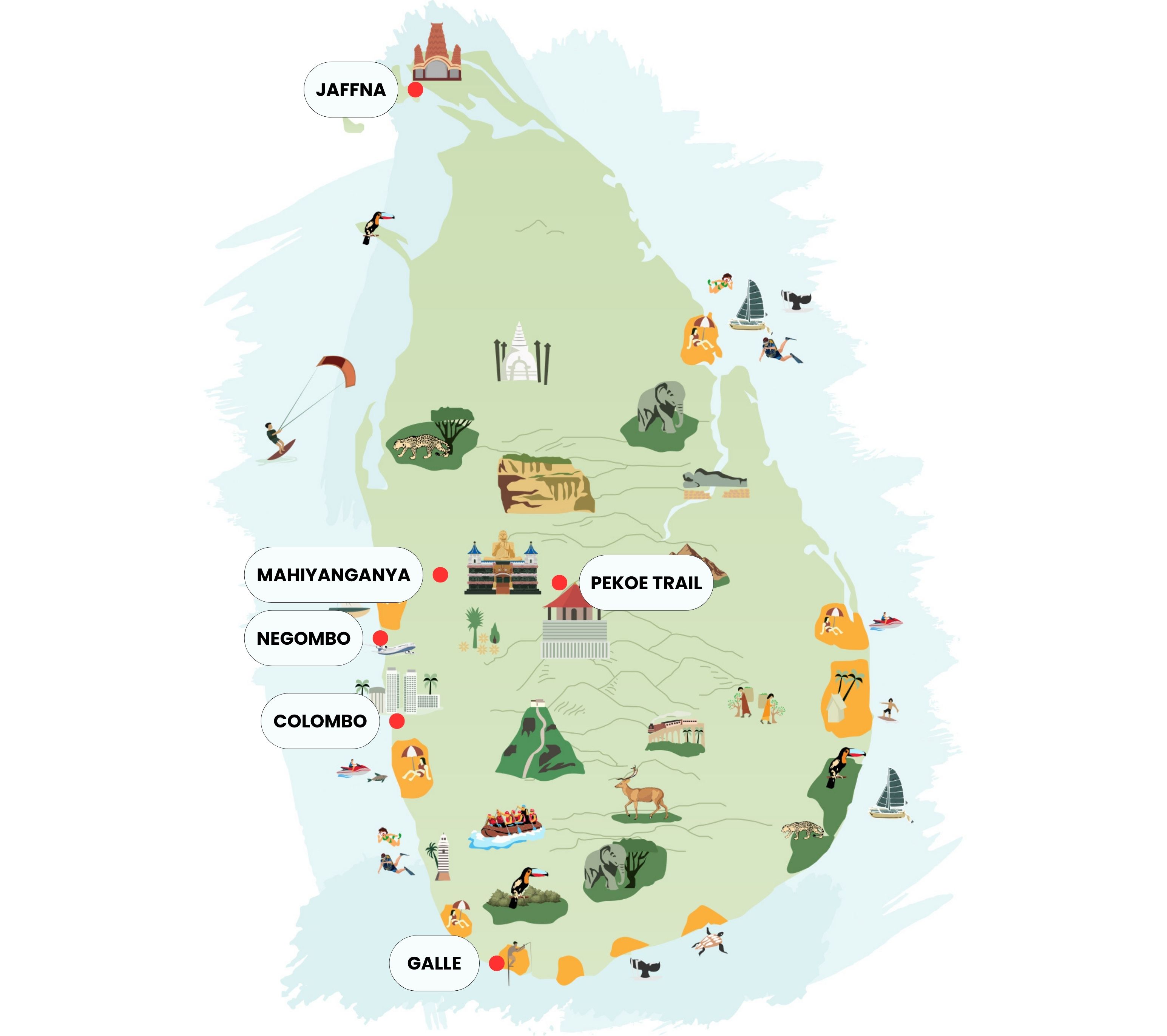 Illustrierte Karte von Sri Lanka mit Abenteuern