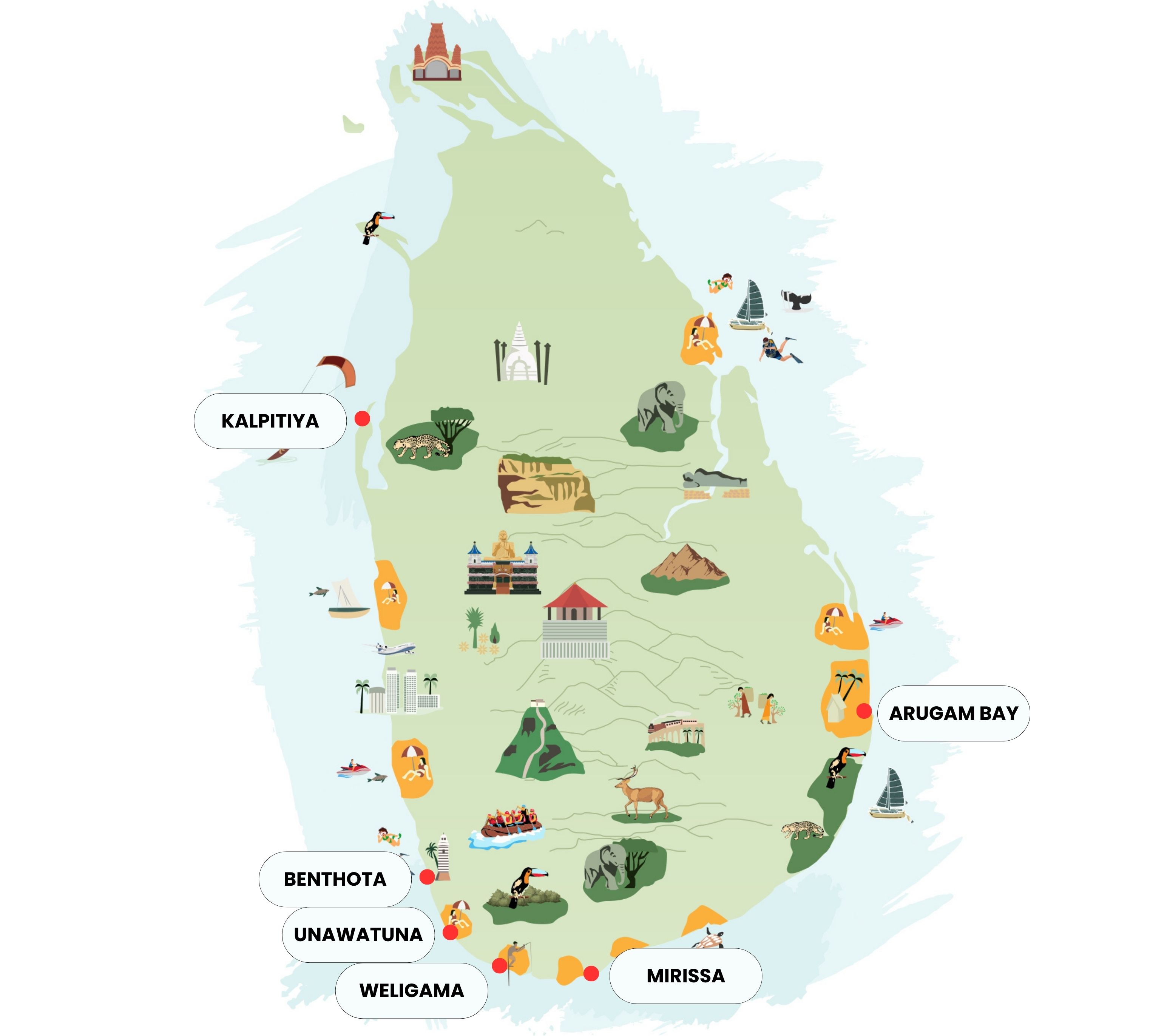 Illustrierte Karte von Sri Lanka mit Stränden